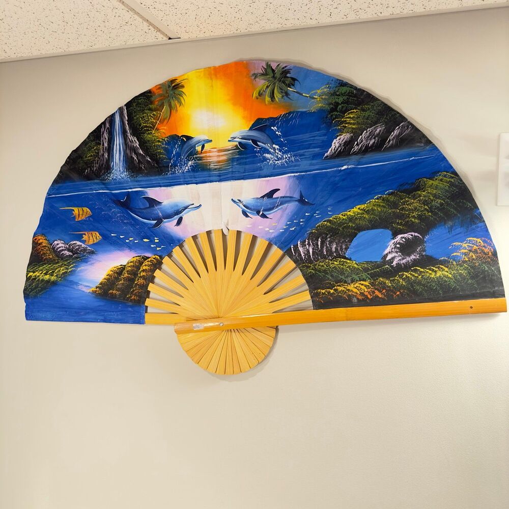 Large Coastal Wooden Fan A pair of Dolphins playfully swimming